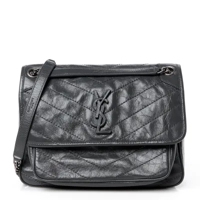 Saint Laurent Medium Niki Chain Satchel Storm Crinkled Monogram Calfskin Matelasse Leather