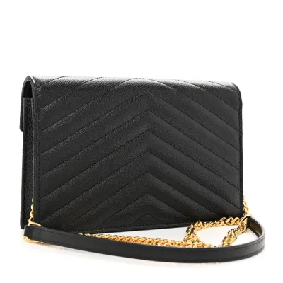 Saint Laurent Envelope Chain Wallet Black Chevron Monogram Grain De Poudre Matelasse Leather Gold Hardware