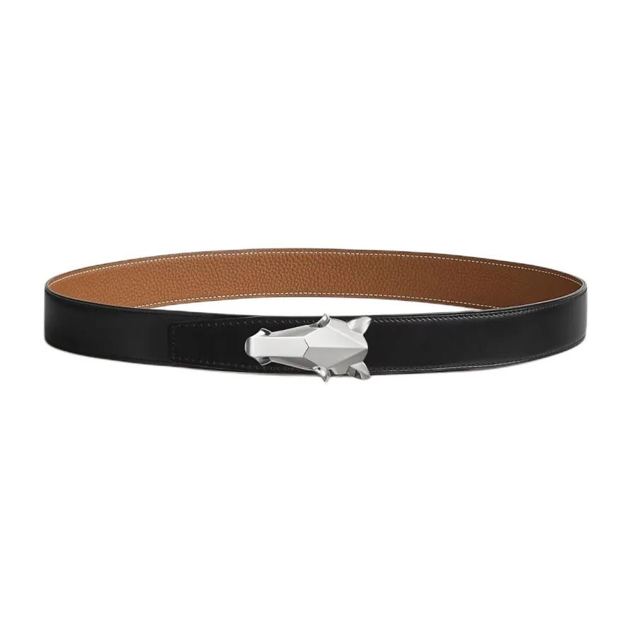 Hermès Men' s Destrier Buckle Reversible Belt In Black/Etoupe/Coffee/Brown/Blue Grained Calfskin With Silver Hardware 32mm