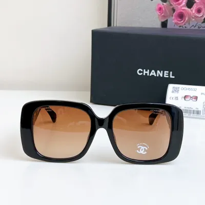 CHANEL square frame glasses black gold color size 54-20-140