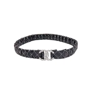 Chanel Women's CC Crystal Buckle Elastic Belt In Black/White Diamond Stitching Calfskin With Silver Hardware 30mm