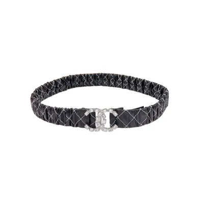 Chanel Women's CC Crystal Buckle Elastic Belt In Black/White Diamond Stitching Calfskin With Silver Hardware 30mm