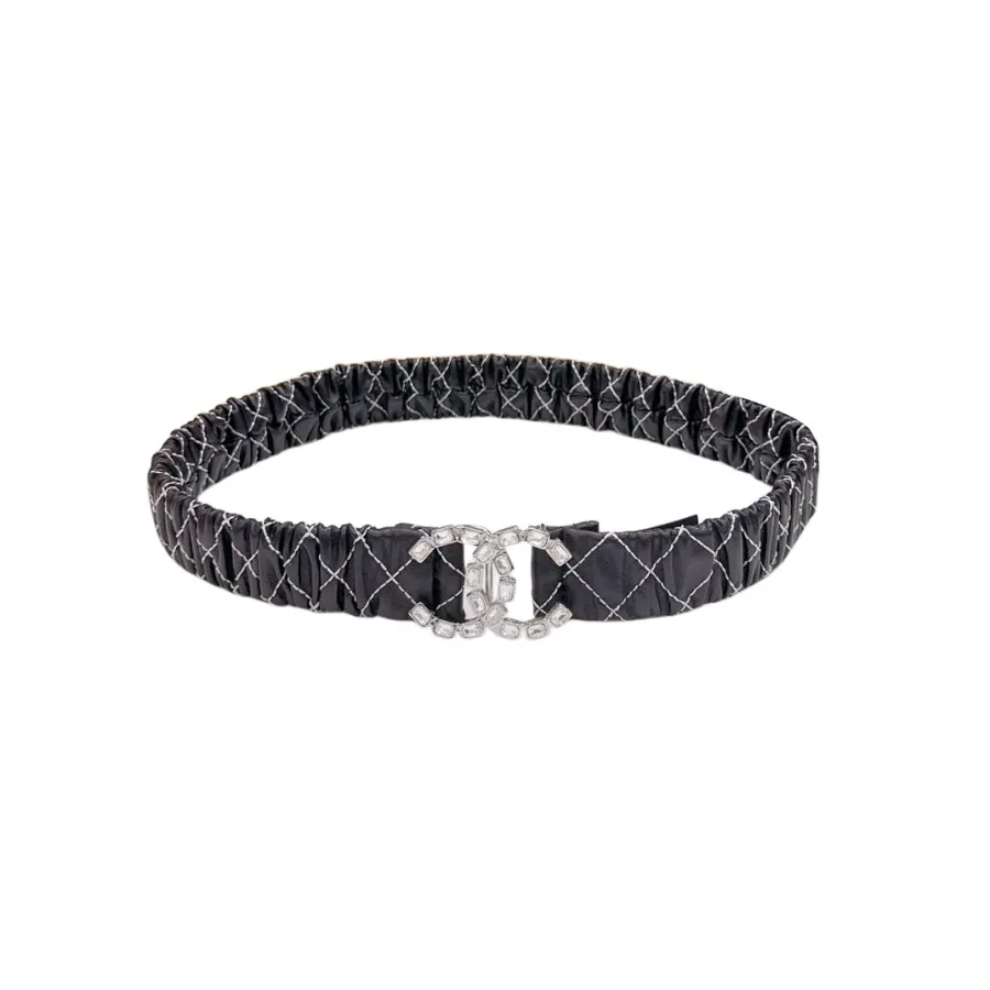Chanel Women's CC Crystal Buckle Elastic Belt In Black/White Diamond Stitching Calfskin With Silver Hardware 30mm