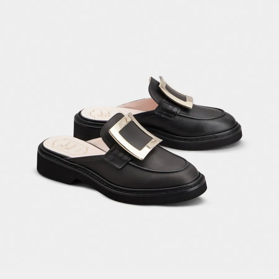 Roger Vivier Viv' Rangers Mules Loafers In Black Leather With Metal Buckle
