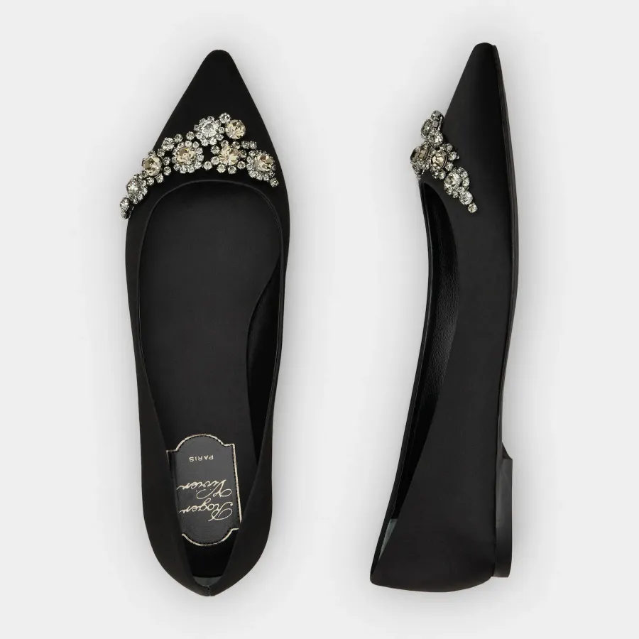 Roger Vivier Efflorescence Ballerinas In White/Black Satin With Crystal Flowers Buckle (Heel Height 1cm)