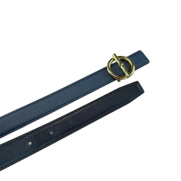 Hermès Women' s Round Buckle Reversible Belt In Blue/Brown/White Calfskin With Gold Hardware 25mm - Image 2