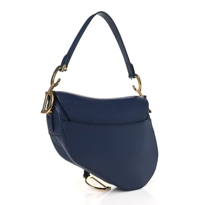 Dior Medium Saddle Bag Indigo Blue Grained Calfskin Leather Gold Hardware