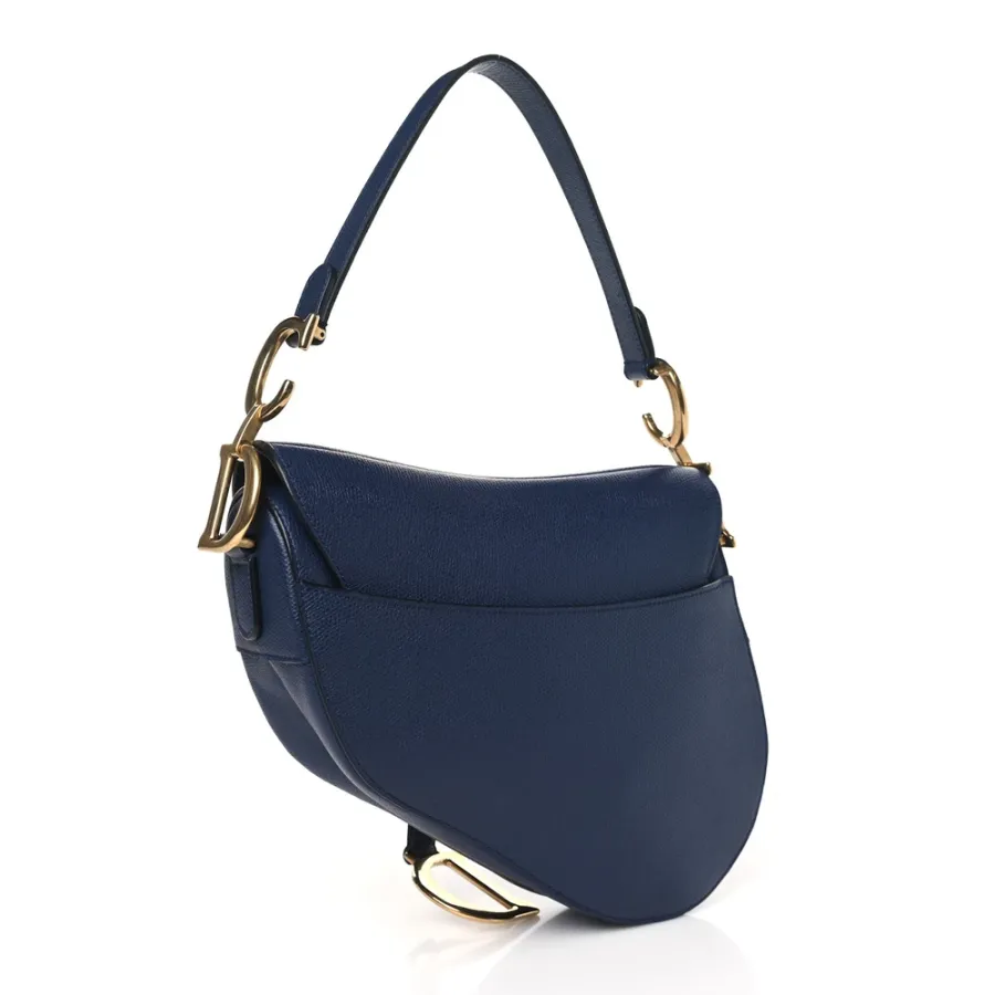 Dior Medium Saddle Bag Indigo Blue Grained Calfskin Leather Gold Hardware