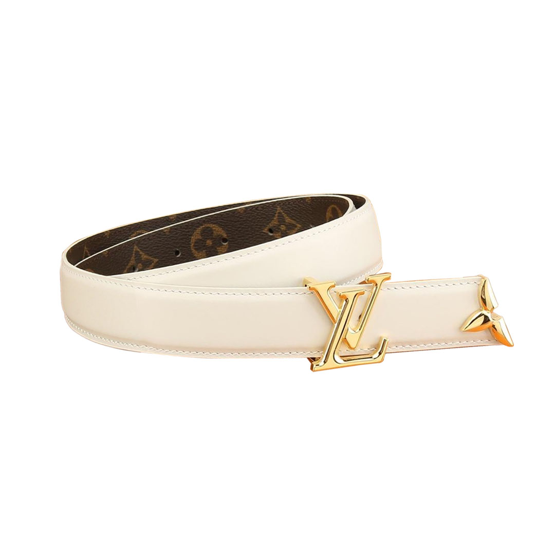 Cinto Reversível Louis Vuitton Women's Pretty LV em Couro Bezerro Branco/Preto e Canvas Monograma com Ferragens Douradas/Prateadas/Pretas 30mm