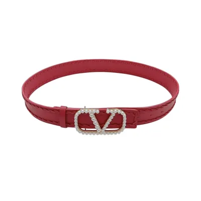 Valentino V Buckle With Pearls Belt In White/Red/Black/Pink Calfskin With Gold Hardware 40mm