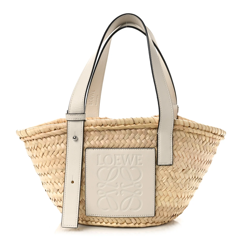 Loewe Basket Tote Bag Pequena Raffia Natural/Branco e Couro Bezerro