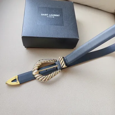 Saint Laurent Croissant De Lune Buckle Large Belt In Black Smooth Calfskin With Gold Hardware 30mm