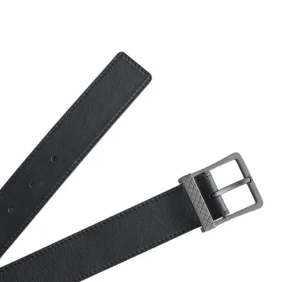 Bottega Veneta Men's Square Buckle Belt In Black/Coffee/Blue Calfskin With Matte Gun Black Hardware 35mm
