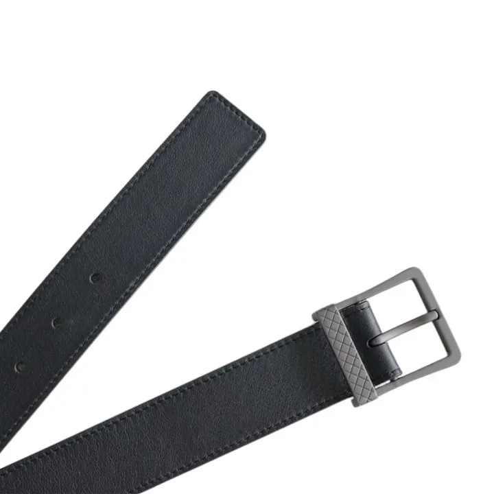Bottega Veneta Men's Square Buckle Belt In Black/Coffee/Blue Calfskin With Matte Gun Black Hardware 35mm
