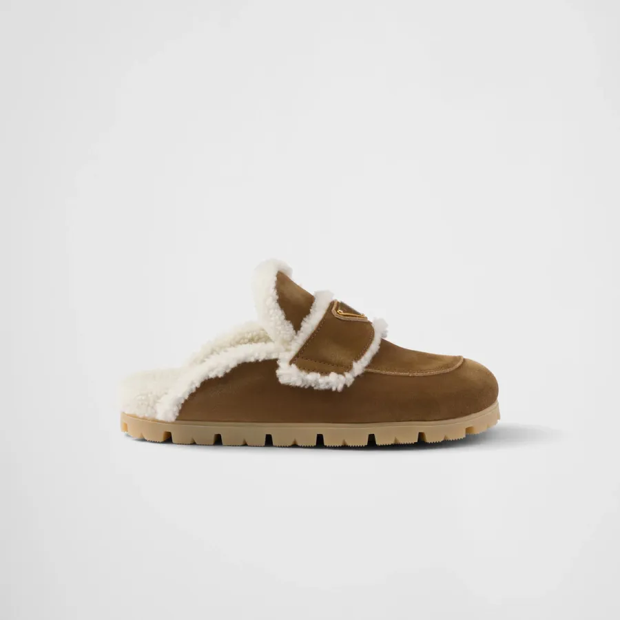 PRADA Cinnamon suede and sheepskin slippers