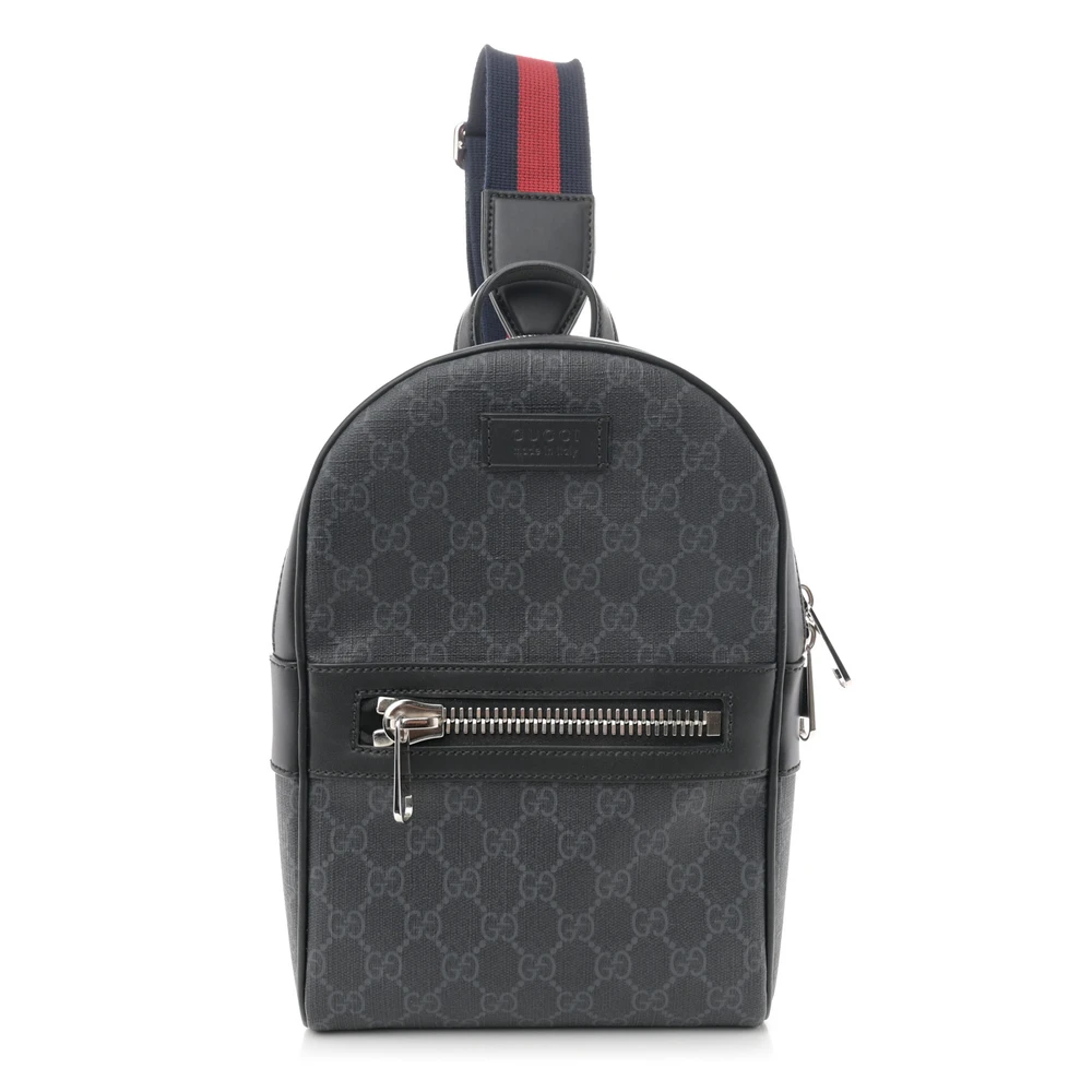 Gucci Mochila de Apoio Média Preta/Cinza GG Supreme Monograma em Canvas e Couro de Bezerro Hardware Prateado