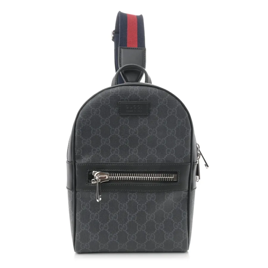 Gucci Medium Sling Backpack Black/Grey GG Supreme Monogram Canvas & Calfskin Leather Silver Hardware