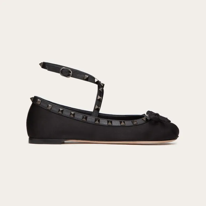 VALENTINO Rivet satin black ballet flats shoes