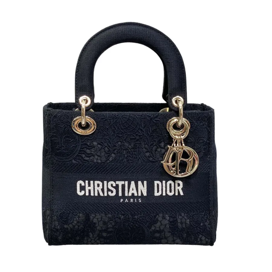 Dior Medium Lady D-Lite In White/Black Lace Embroidered Canvas Gold Hardware