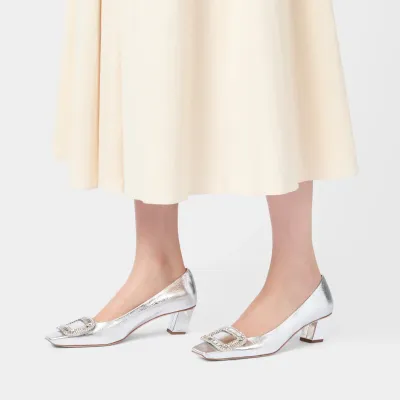 Roger Vivier Belle Vivier Pumps High Heels In Silver Leather With Crystal Buckle (Heel Height 4.5cm)
