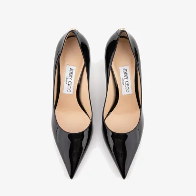 JIMMY CHOO JC badge embellishes black Patent paint leather high heels