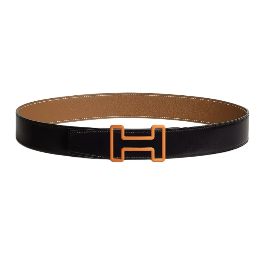 Hermès Men' s Tonight Color H Buckle Reversible Belt In Black/Brown/Coffee Calfskin With Orange Hardware 38mm