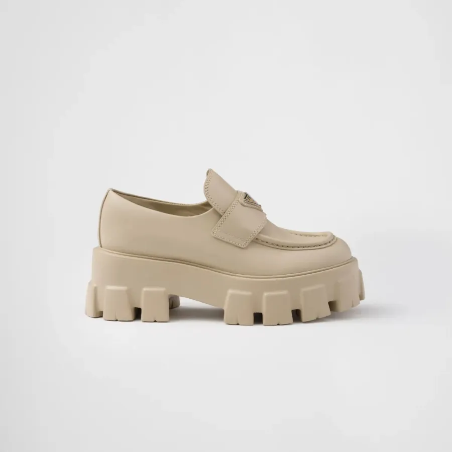 PRADA Desert Yellow Monolith shiny leather loafers