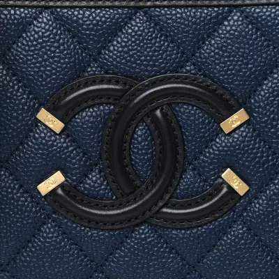 Chanel CC Filigree Vanity Case Small Navy/Black Quilted Caviar Leather Gold Hardware