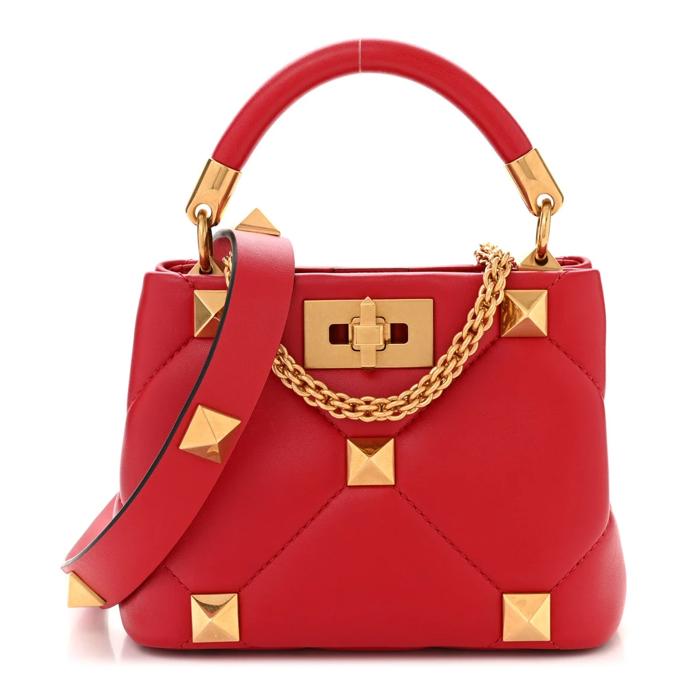 Valentino Garavani Bolsa The Handle Small Roman Stud Rouge Pur Couro Nappa Hardware Dourado