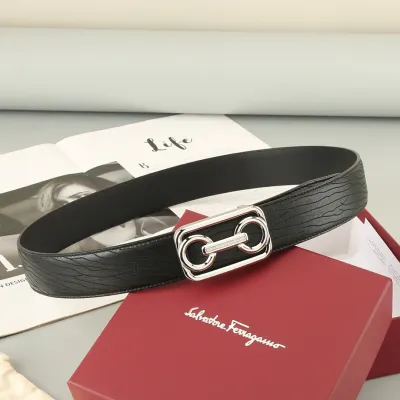 Ferragamo Men's Horsebit Buckle With Crystal Belt In Black Calfskin With Gold/Silver Hardware 38mm