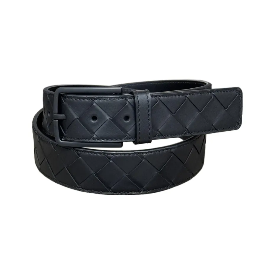 Bottega Veneta Men's Square Buckle Intrecciato Belt In Black/Coffee/Blue/Grey Calfskin With Black Hardware 35mm