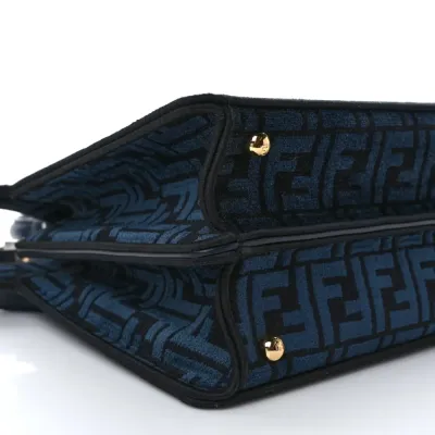 Fendi Medium FF Peekaboo I SEE U Satchel Blue/Black Chenille & Vitello Seta Leather Gold Hardware