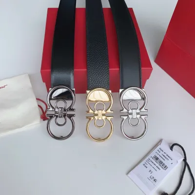 Ferragamo Men's Double Gancini Buckle Reversible Belt In Black/Brown/Coffee Calfskin With Gold/Silver/Black Hardware 35mm