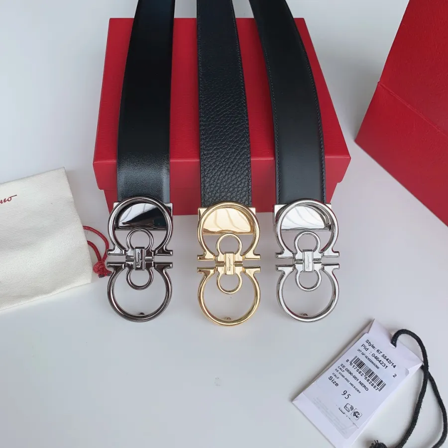 Ferragamo Men's Double Gancini Buckle Reversible Belt In Black/Brown/Coffee Calfskin With Gold/Silver/Black Hardware 35mm