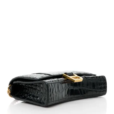 Balenciaga XS Hourglass Chain Bag Black Crocodile Embossed Shiny Calfskin Leather Gold Hardware