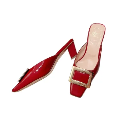 Roger Vivier Belle Vivier Mules Sandals In Red/Grey/Apricot/Beige/Pink/Black Patent Leather With Metal Buckle (Heel Height 4.5cm)