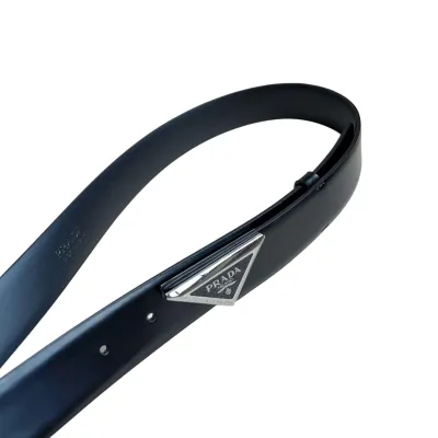 Prada Men' s Triangled Buckle Belt In Black Smooth Calfskin With Silver Hardware 33mm