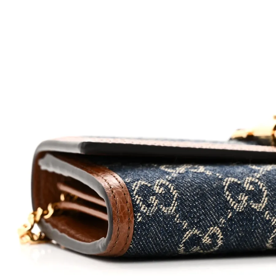 Gucci Small Jackie 1961 Chain Wallet Blue Tea Calfskin Leather & GG Monogram New Denim Gold Hardware