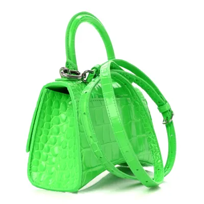 Balenciaga XS Hourglass Top Handle Bag Fluo Green Strass Crocodile Embossed Shiny Calfskin Leather Silver Hardware