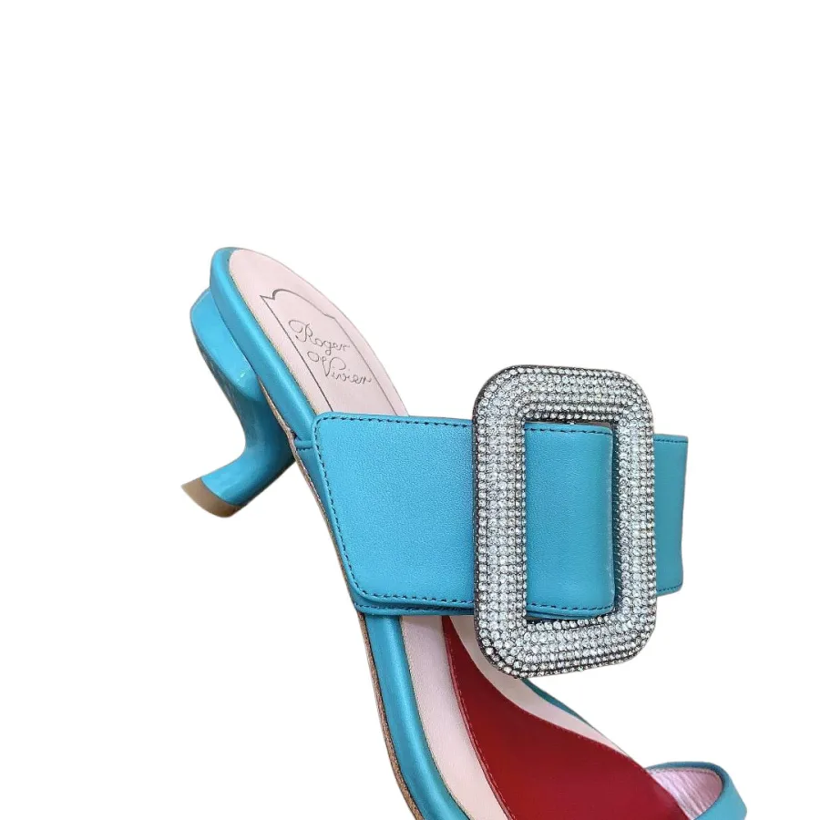 Roger Vivier Viv' Rangers Mules Sandals In White/Black/Blue Leather With Crystal Buckle (Heel Height 5.5cm)
