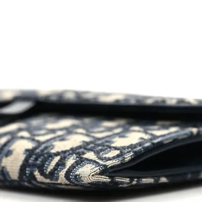 Dior Small Saddle Long Wallet With Chain Blue Oblique Canvas Brass Hardware