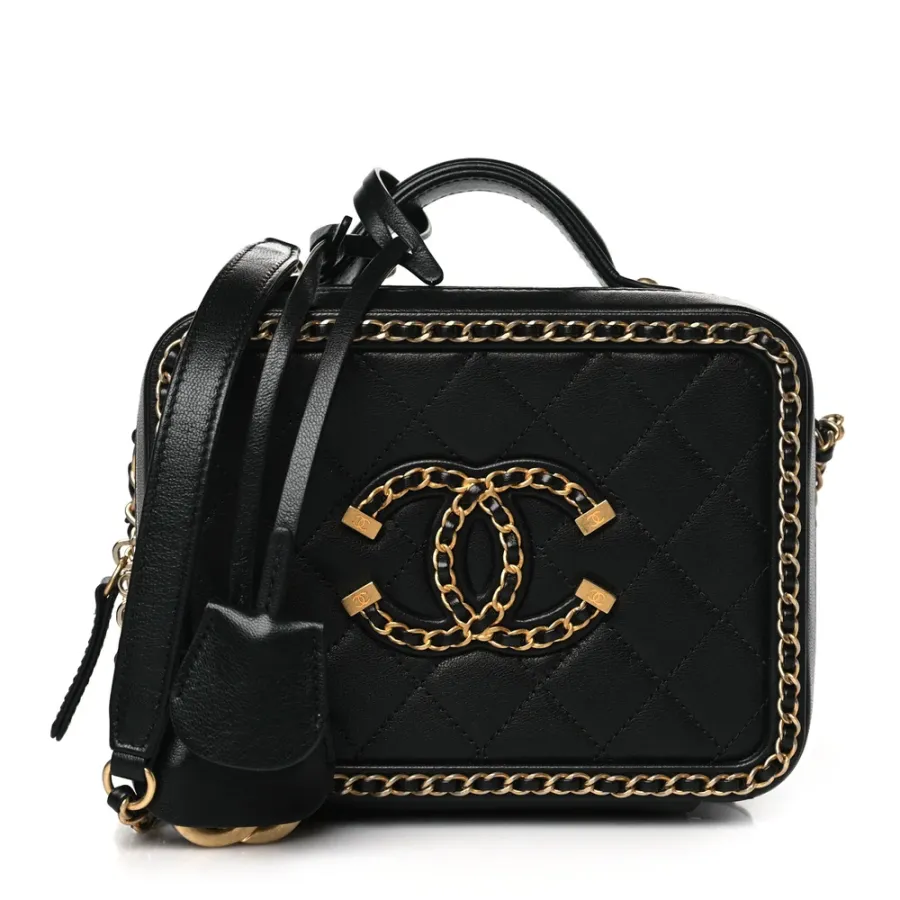 Chanel CC Filigree Vanity Case Small Black Quilted Goatskin Leather Gold Hardware