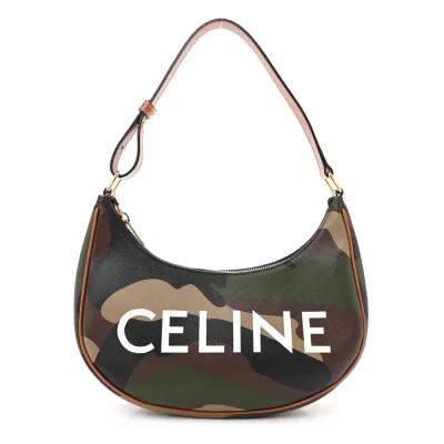 Celine Medium Ava Logo Triomphe Shoulder Bag Khaki Camouflage Canvas & Calfskin Leather Gold Hardware