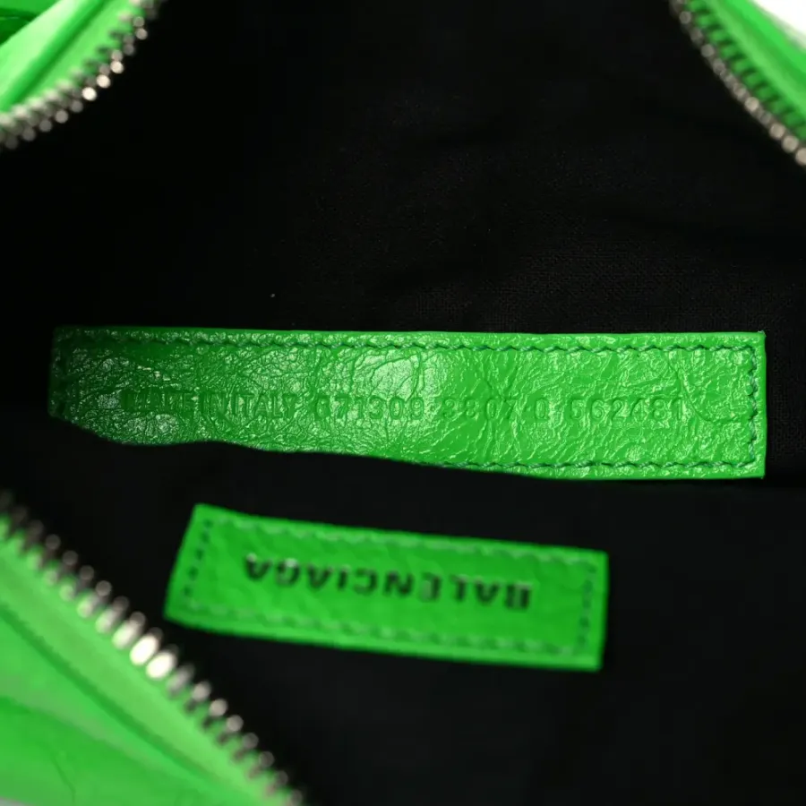 Balenciaga XS Crystal Le Cagole Shoulder Bag Fluo Green Agneau Arena Leather Silver Hardware