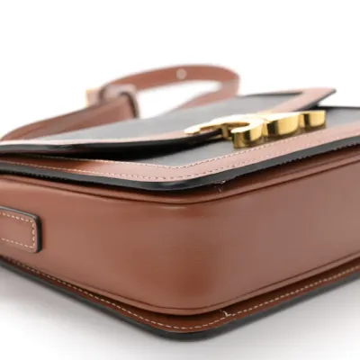 Celine Teen Triomphe Bag Medium Tan Calfskin Leather & Triomphe Canvas Gold Hardware