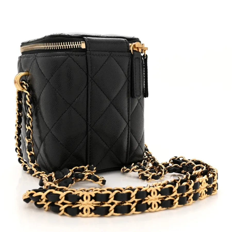 Chanel Vertical Vanity Case With Chain Small Black Quilted Caviar Leather Gold Hardware