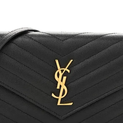 Saint Laurent Envelope Chain Wallet Black Chevron Monogram Grain De Poudre Matelasse Leather Gold Hardware