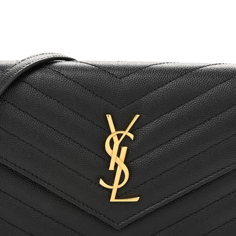 Saint Laurent Envelope Chain Wallet Black Chevron Monogram Grain De Poudre Matelasse Leather Gold Hardware