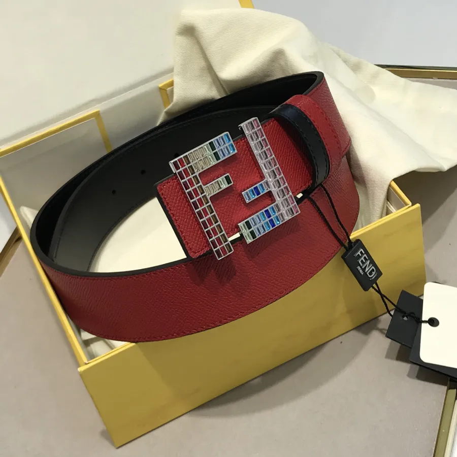 Fendi Men's FF Multicolor Buckle Belt In Blue/Yellow/Red/Black Epsom Calfskin With Silver/Black Hardware 38mm