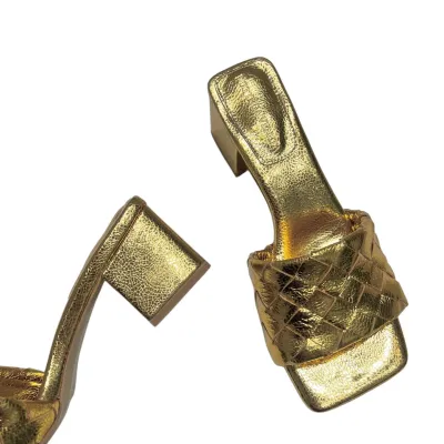 Bottega Veneta Parco Mule In Gold Intrecciato Leather Kitten-Heel Mule Sandal (Heel Height 4.5cm)